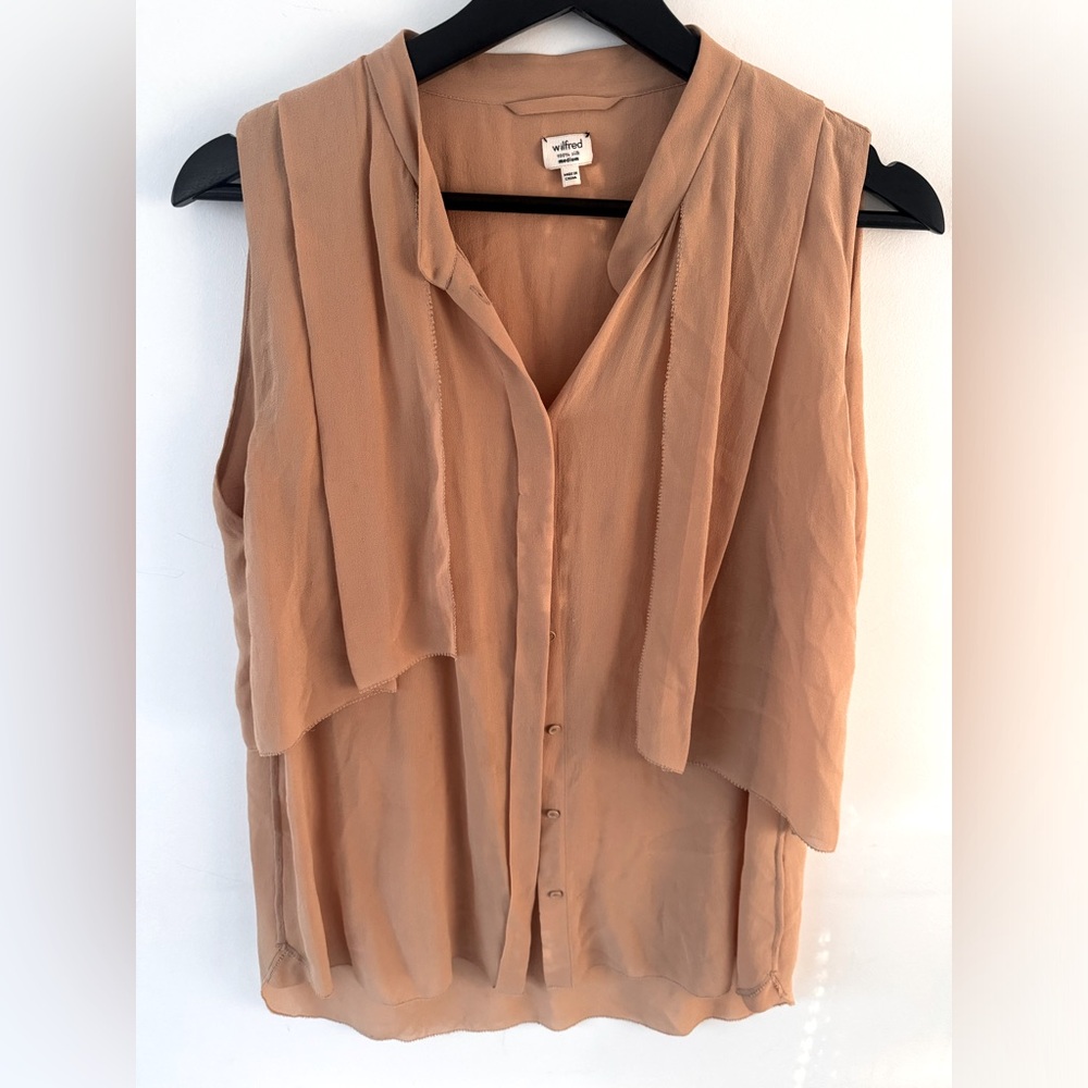 Aritzia Wilfred Tan Silk Blouse with Pleated Design and Buttoned Details